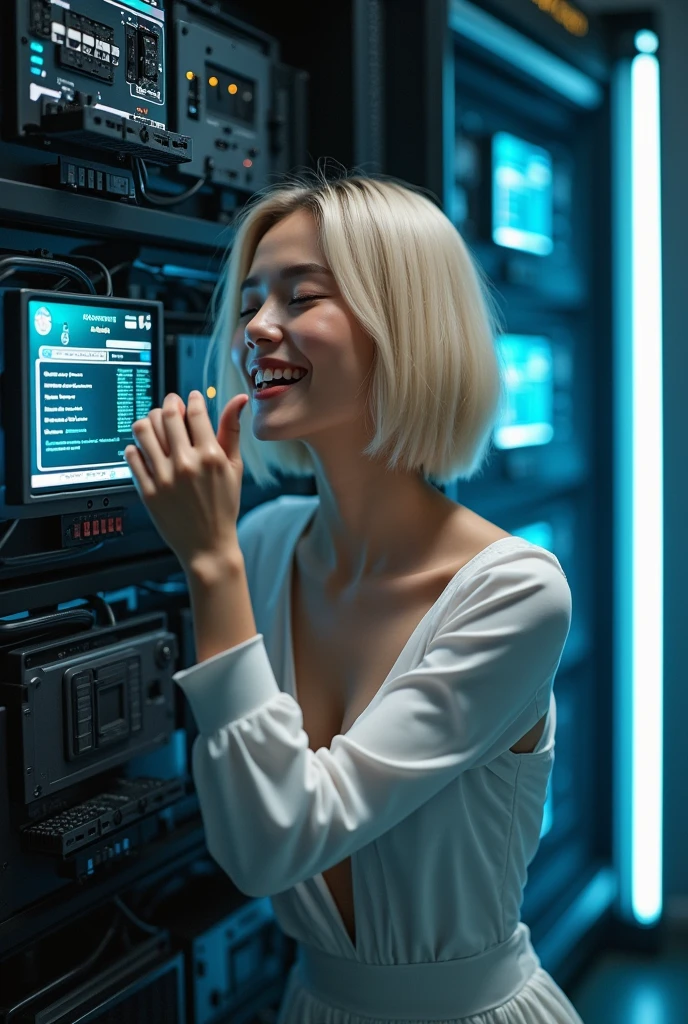 masterpiece, best quality, extremely detailed, hyperrealistic, photorealistic, a beautiful 20s  server room, kissing the hand:1.3, naked, ultra detailed face, bob cut, blonde hair, pale skin, big natural breasts, perky nipples, laughing
