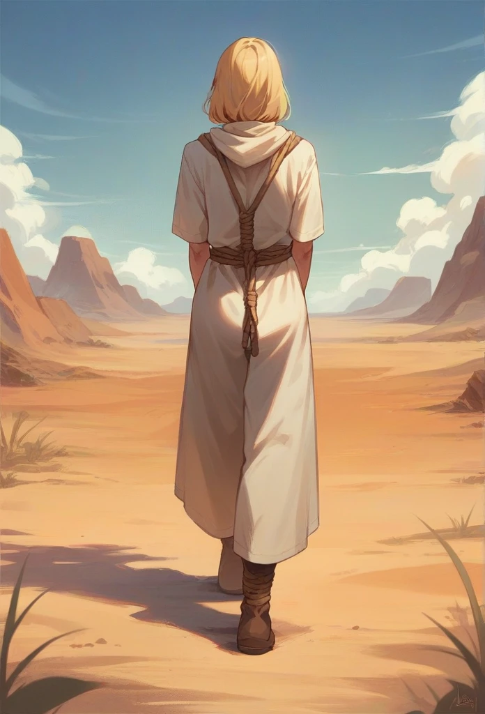 Blonde woman in an outfit that shows her stomach, walking in the desert, hands securely tied behind his back with a rope, wrists crossed and slightly raised in the back