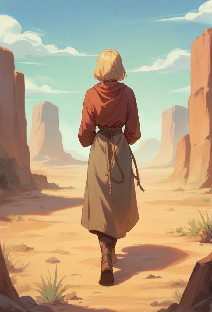 Blonde woman in an outfit that shows her stomach, walking in the desert, hands securely tied behind his back with a rope, wrists crossed and slightly raised in the back