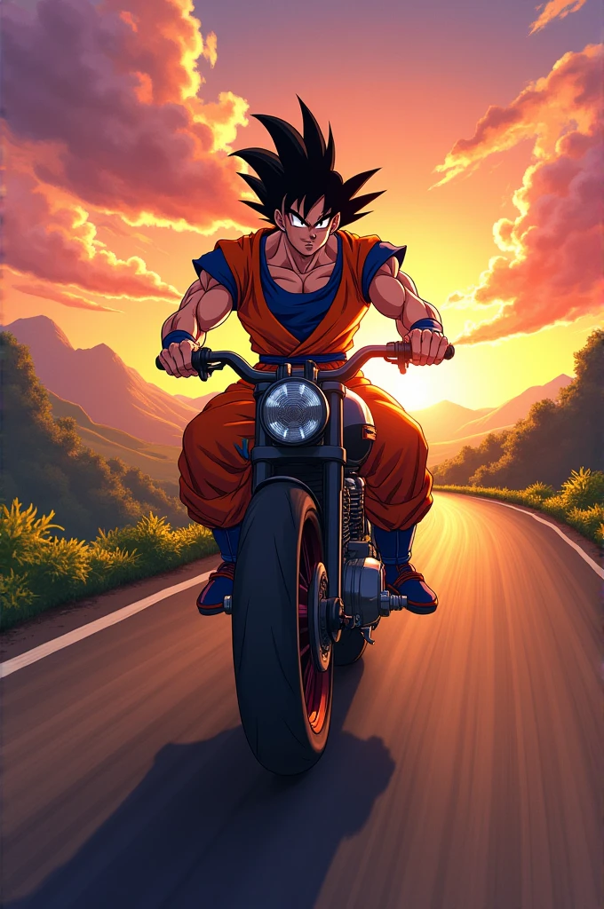 Goku from dragon ball z with big muscles riding a bike in a sunset