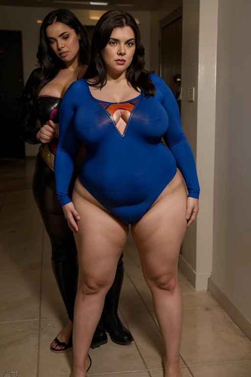 bbw superheroine is standing exhausted and hypnotized next to a thin woman, full body, mature bbw superheroine, submissive and exhausted, urinating and defecating standing, urinated vagina, humiliated bbw superheroine,