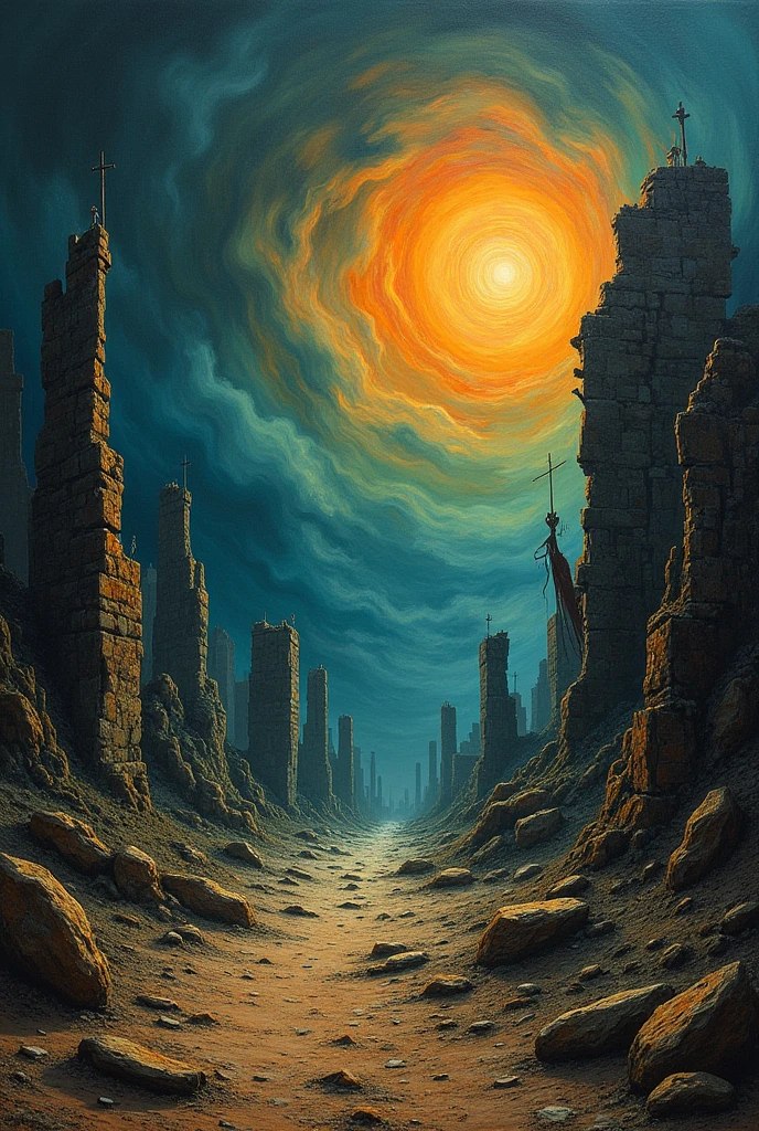 (Painting by Salvador Dali:1.8), dream, deserted background, vivid dark colours, ruins