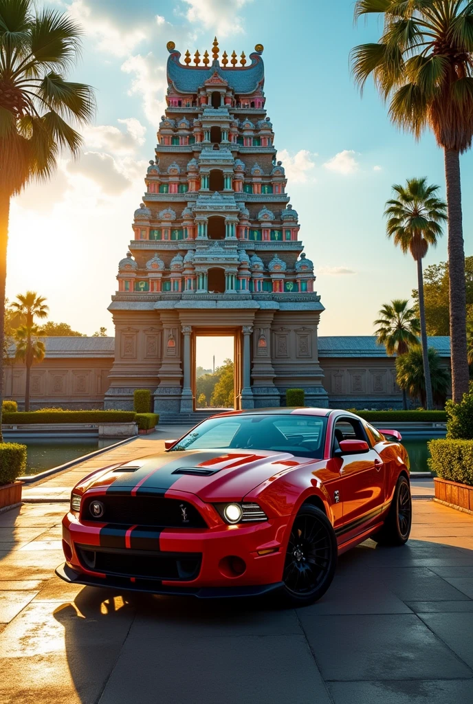 Red Black Mustang outside beautiful majestic hindu temple with lots of greenery  and lakes