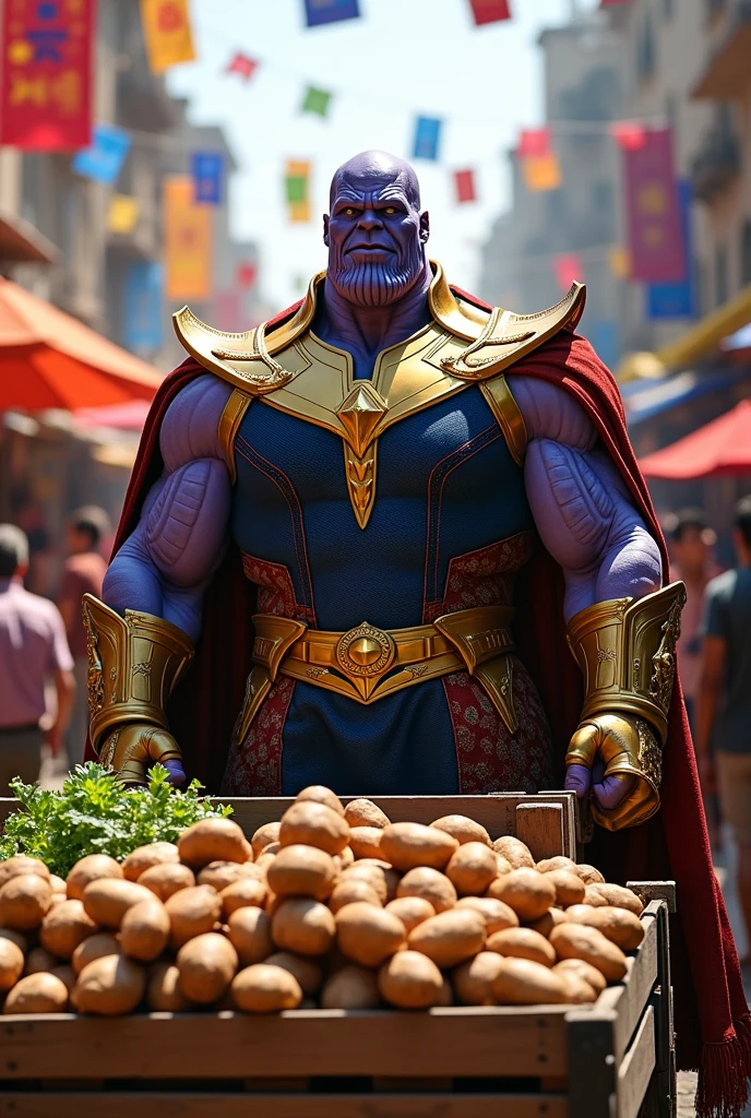 Thanos sells potatoes in a royal costume in a huge market where people are crowded and buying something.