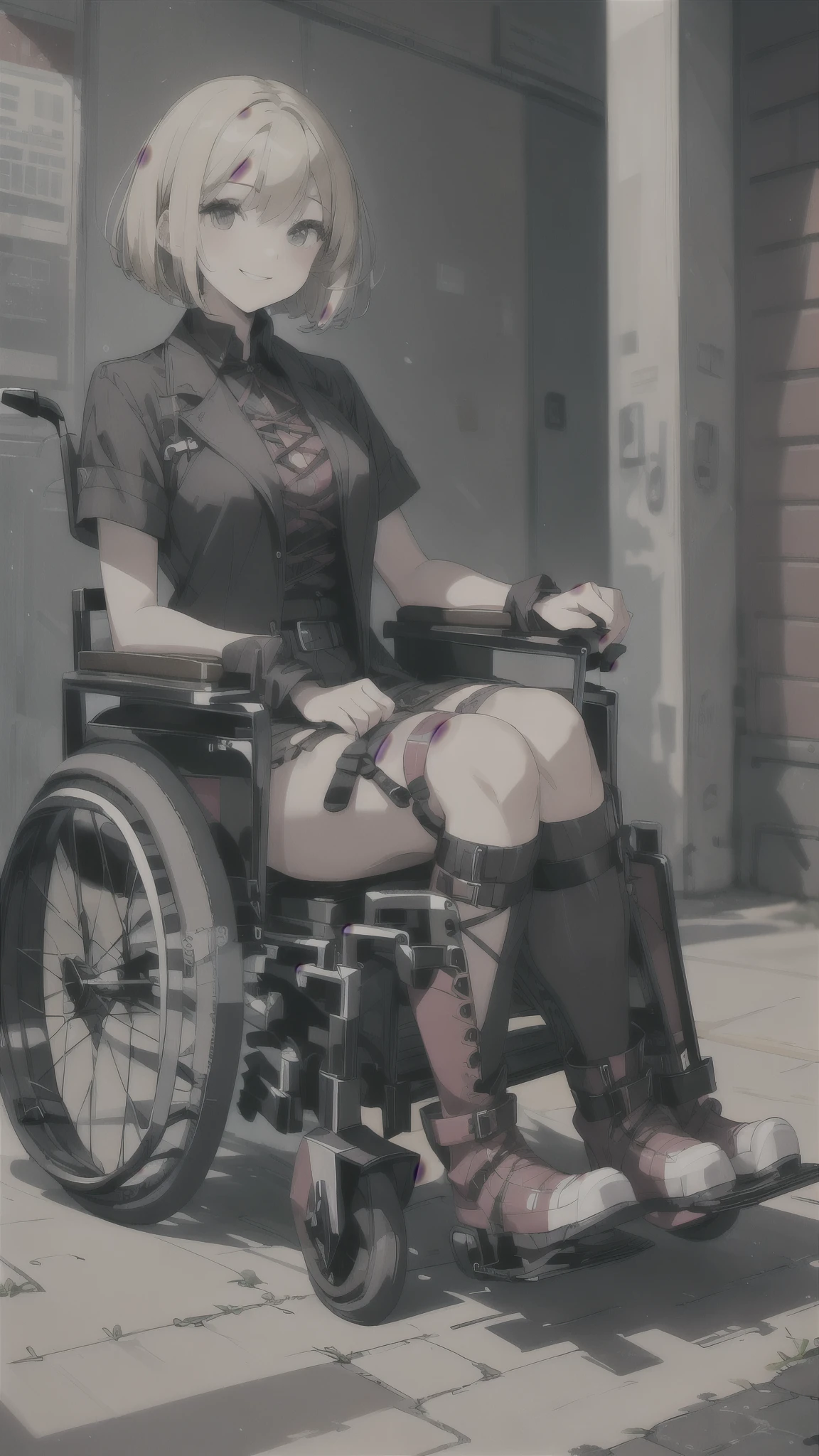 girl in electric wheelchair,smile,blonde short bob hair,jirai fashion,black gothic pank fashion,lace up long boots,leg braces.