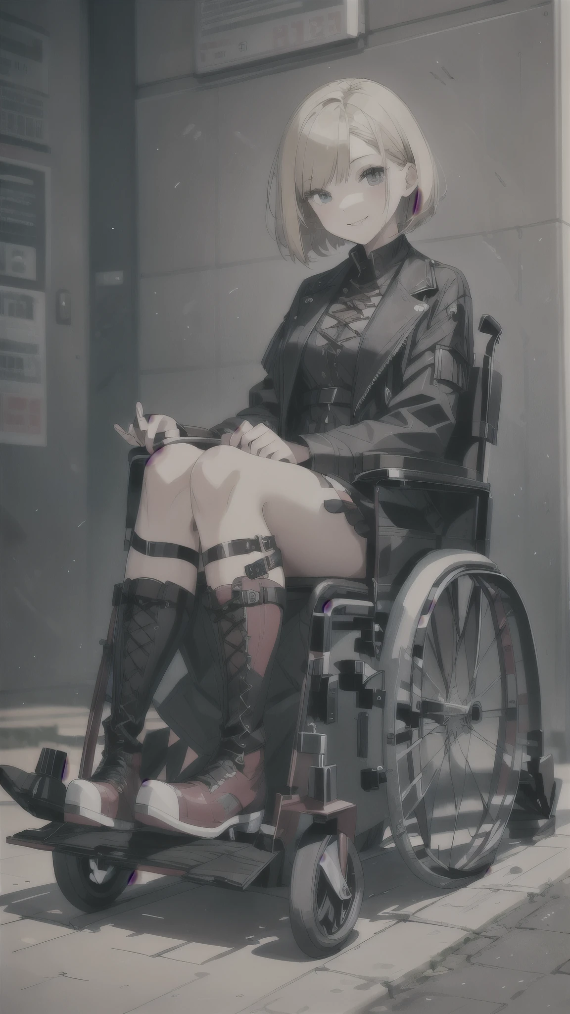 girl in electric wheelchair,smile,blonde short bob hair,jirai fashion,black gothic pank fashion,lace up long boots,leg braces.