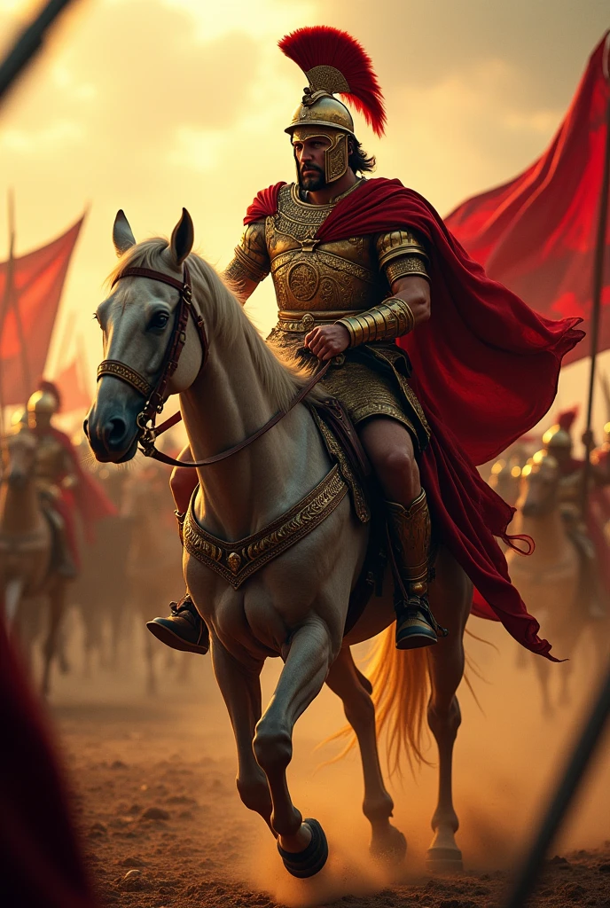 Create a detailed and dynamic image of Alexander the Great in the midst of a battle, dressed in his iconic armor with a plumed helmet. He is riding his famous horse, Bucephalus, leading his army into combat. The background should show a dramatic landscape with soldiers clashing, spears and swords glinting in the sunlight. Alexander should appear confident and powerful, with a determined expression, as if he is about to secure another great victory. The overall scene should convey the intensity of battle and the legend of Alexander's military prowess.