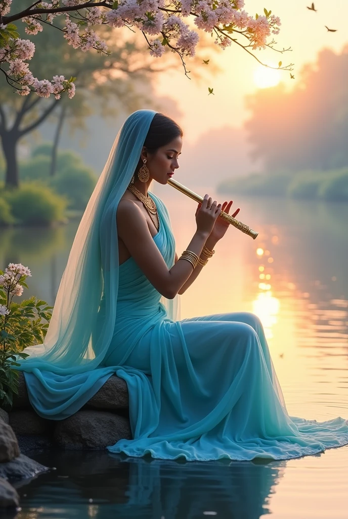 Imagine a serene scene of a traditional indian goddess dressed in a flowing blue dress, gracefully playing a flute on the tranquil banks of a river. She is adorned with a delicate veil that gently frames her face, enhancing the ethereal quality of her presence. Inspired by the artistic philosophy of aestheticism, this moment captures the beauty of nature and music in pastel hues. Describe the surroundings, the emotions conveyed through her music, and the overall ambiance of this enchanting setting."