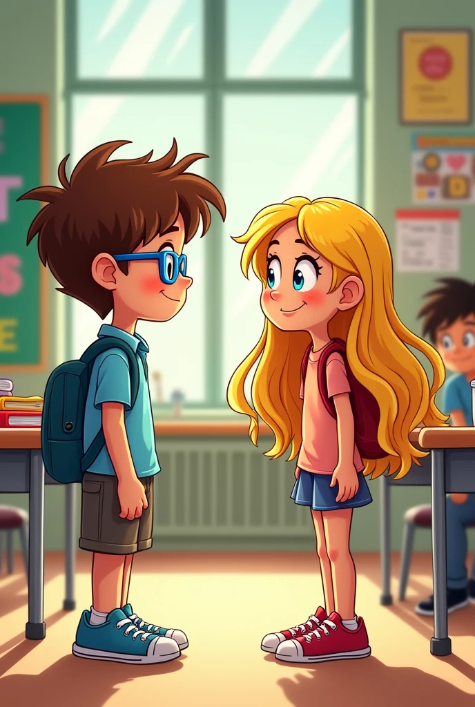   In digital pictures  cartoon  
"Show a  man  and girl at school. The boy is expressing his love to the girl, who is smiling back. Include a hint of another boy in the background."