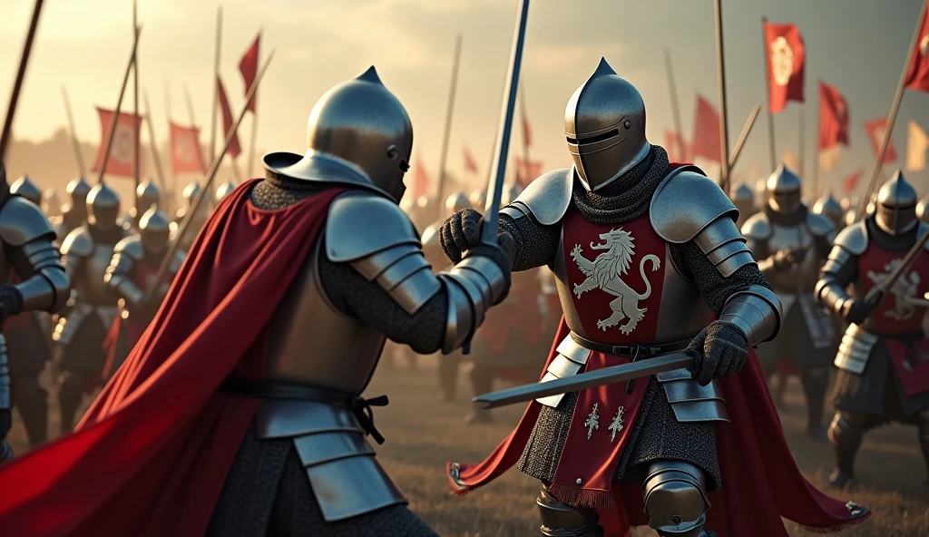 A highly realistic, high-contrast, 8K HD, detailed, hyper-detailed image of medieval knights engaged in fierce battle, fighting with unyielding spirit and determination not to fall, even against overwhelming odds. The knights, clad in steel armor with lion emblems on their tunics and armor, and helmets fully covering their faces, stand strong as they clash with their enemies. The intensity of the battle is evident in their powerful strikes and unwavering resolve. Despite being outnumbered, the knights fight on, their determination evident in every movement. The atmosphere is tense and heroic, capturing the raw courage and indomitable spirit of the knights as they refuse to back down. The image is of the highest quality, with ultra-high resolution, RAW photo quality, and Unreal Engine rendering, showcasing the knights' bravery and the lion emblem prominently displayed on their armor.