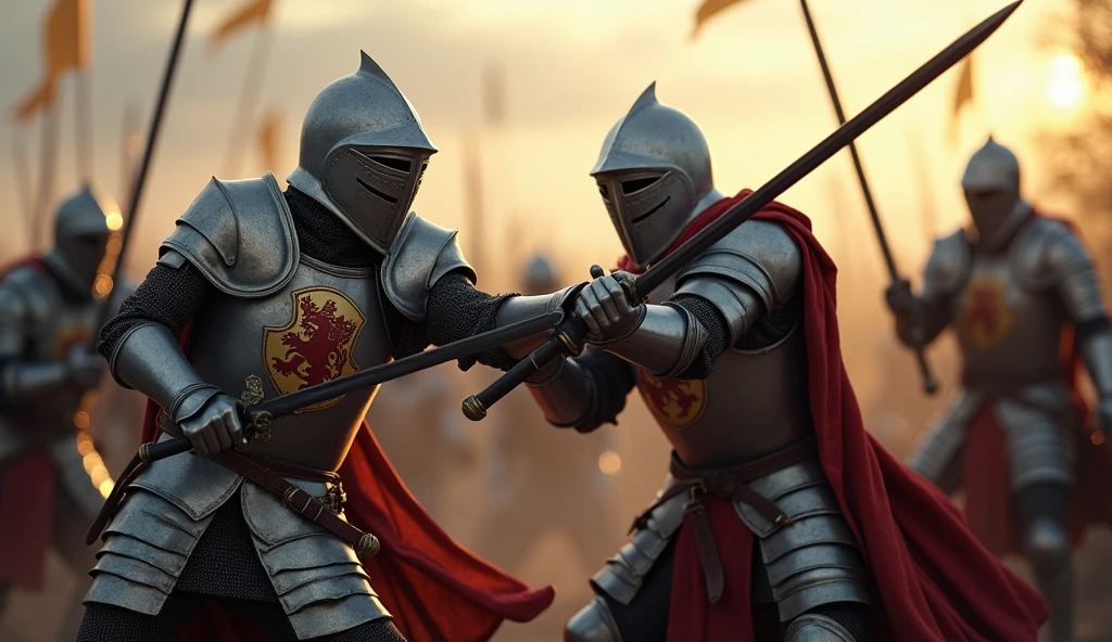 A highly realistic, high-contrast, 8K HD, detailed, hyper-detailed image of medieval knights engaged in fierce battle, fighting with unyielding spirit and determination not to fall, even against overwhelming odds. The knights, clad in steel armor with lion emblems on their tunics and armor, and helmets fully covering their faces, stand strong as they clash with their enemies. The intensity of the battle is evident in their powerful strikes and unwavering resolve. Despite being outnumbered, the knights fight on, their determination evident in every movement. The atmosphere is tense and heroic, capturing the raw courage and indomitable spirit of the knights as they refuse to back down. The image is of the highest quality, with ultra-high resolution, RAW photo quality, and Unreal Engine rendering, showcasing the knights' bravery and the lion emblem prominently displayed on their armor.
