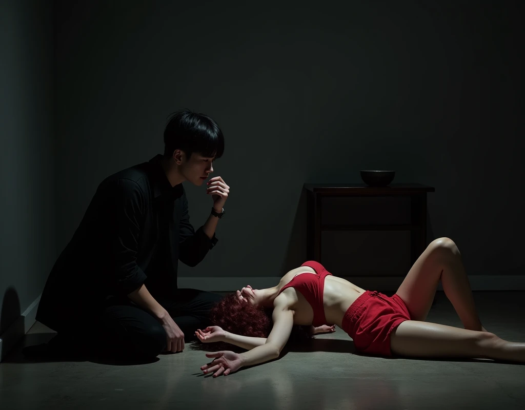 190 cm tall, 27-year-old man, black bowl cut, side-swept bangs, Chinese-Korean-Japanese features, black shirt, business vest, black pants, sitting on floor next to low dark wood table, intense expression, wiping blood off lips, looking at 24-year-old shorter Caucasian woman with pained expression, lying supine on table with deep open wound in rib cage, vibrant maroon side-parted wavy medium-length hair, light skin, red midriff top, matching shorts, minimalistic black and grey bedroom, dark lighting, photorealistic, cinematic.