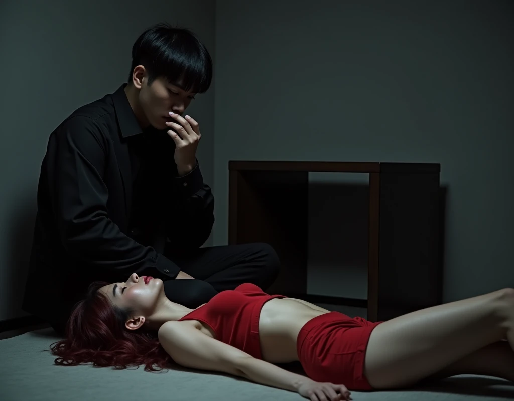 190 cm tall, 27-year-old man, black bowl cut, side-swept bangs, Chinese-Korean-Japanese features, black shirt, business vest, black pants, sitting on floor next to low dark wood table, intense expression, wiping blood off lips, looking at 24-year-old shorter Caucasian woman with pained expression, lying supine on table with deep open wound in rib cage, vibrant maroon side-parted wavy medium-length hair, light skin, red midriff top, matching shorts, minimalistic black and grey bedroom, dark lighting, photorealistic, cinematic.