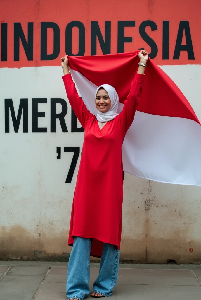 Beautiful indo women, hijab, red long t-shirt and long pants blue jeans,holding a white and red flag, and wall in the back with text "INDONESIA MERDEKA"79" and showing it to the viewer