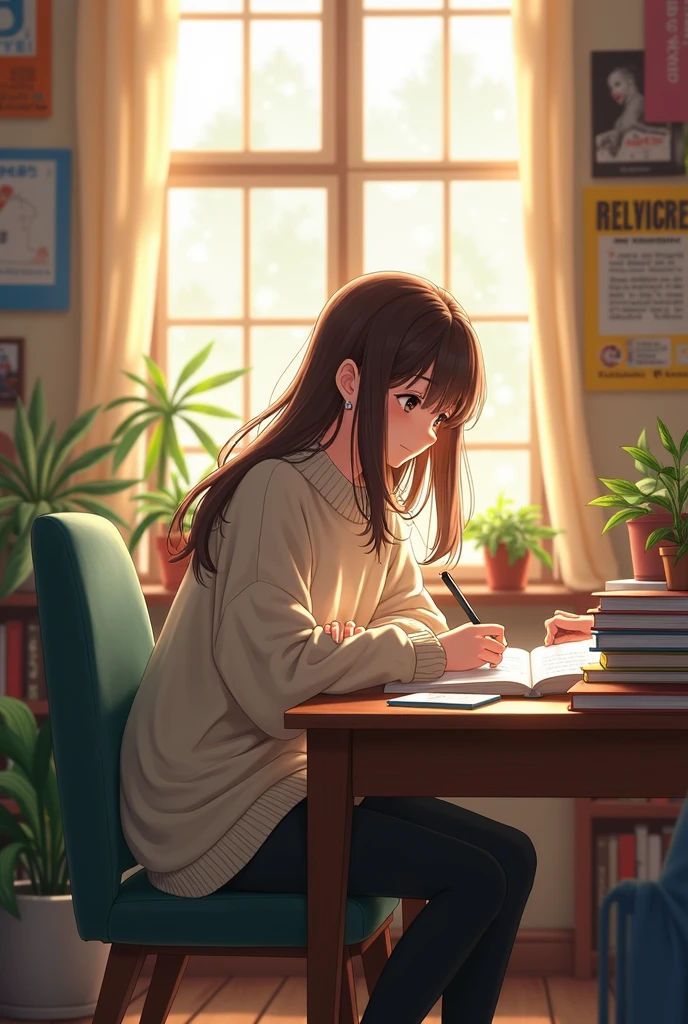 anime characters,Female university student,Room,gentle,medium long hair,Fluffy hair,brown hair,assistant,Shen Steady,Home,Casual wear,Thin hair,Anime characters