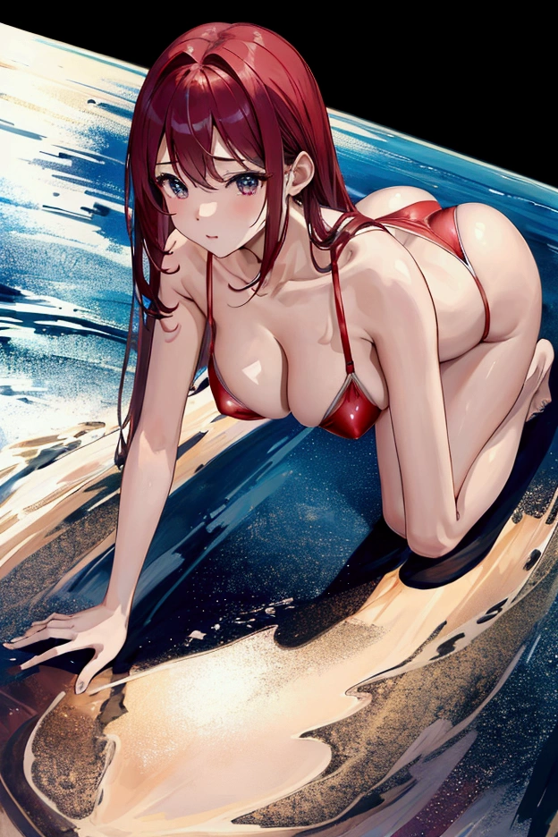 Highest quality, masterpiece, Ultra-high resolution, female、Big Breasts、美少female、slim、Red swimsuit、On all fours、drooping by gravity、The perspective that weighs on us、Depicting the lower part of the chest