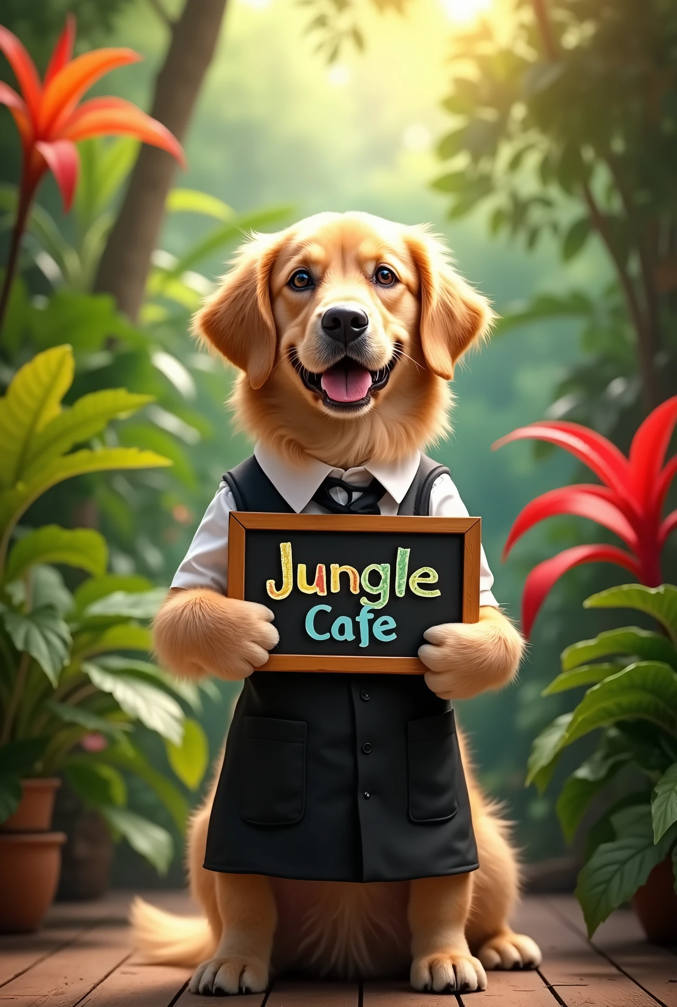There's a dog dressed as a waiter smiling holding a sign that says "Jungle Café"