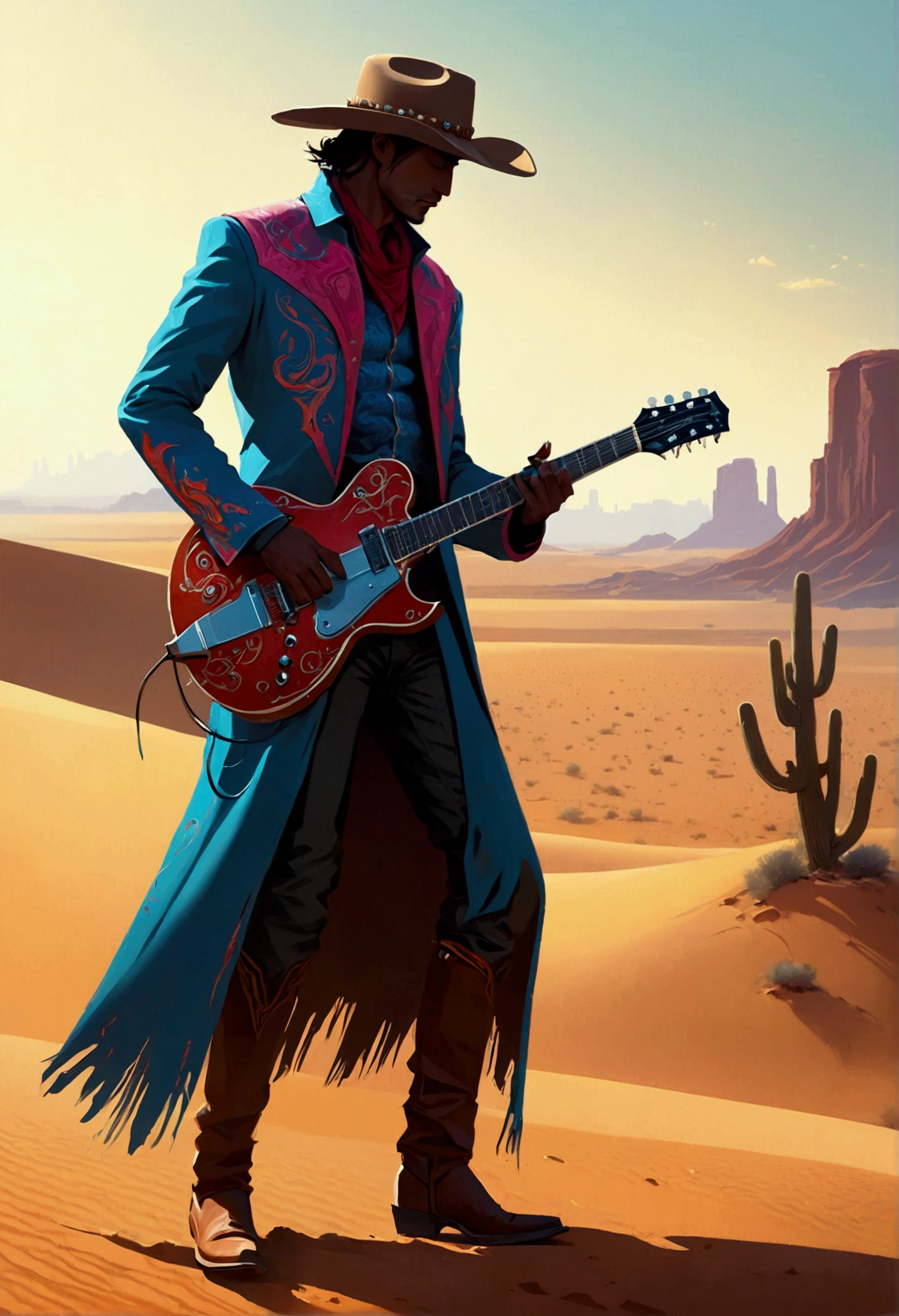 Western android Cowboy in the desert playing electric guitar, full body, by Alena Aenami and Tang Yau Hoong, cinematic still, (best quality, masterpiece), very aesthetic, perfect composition, intricate details, ultra-detailed, vivid colors