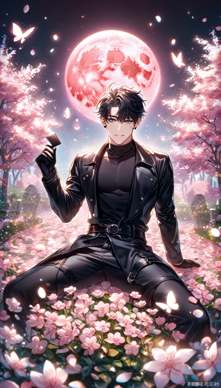 absurdres, highres, ultra detailed, HDR, master piece, best quality, extremely detailed face, delicated features, Kang Woojin, black hair, messy hair, expressive dark blue eyes, Love Jinx, solo, sexy man sitting, handsome, sensual, black trench coat, black tight turtleneck shirt, black gloves, black piercings, black pants,  fantasy, magical, cherry blossoms, pink flowers, pink butterflies, pink petals, pink moon, garden