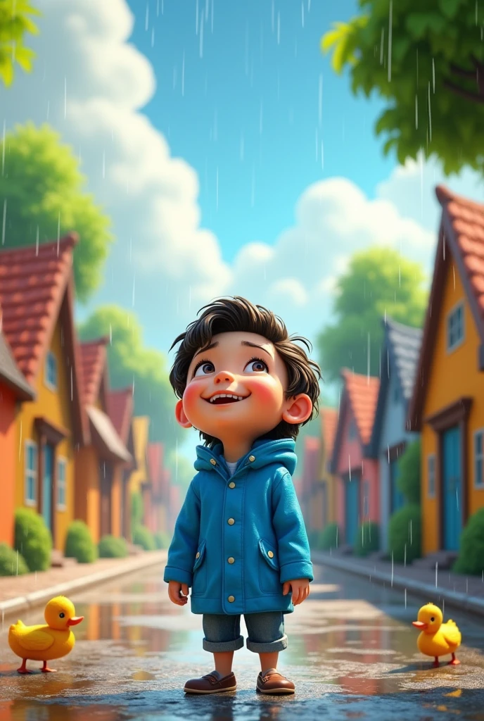 Create a 2d animated cartoon boy stand in Village while raining