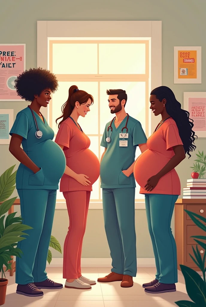 Create an image that illustrates all people who gestate, who can go through pregnancy. The image should contain several people. health workers, health students, trans men 