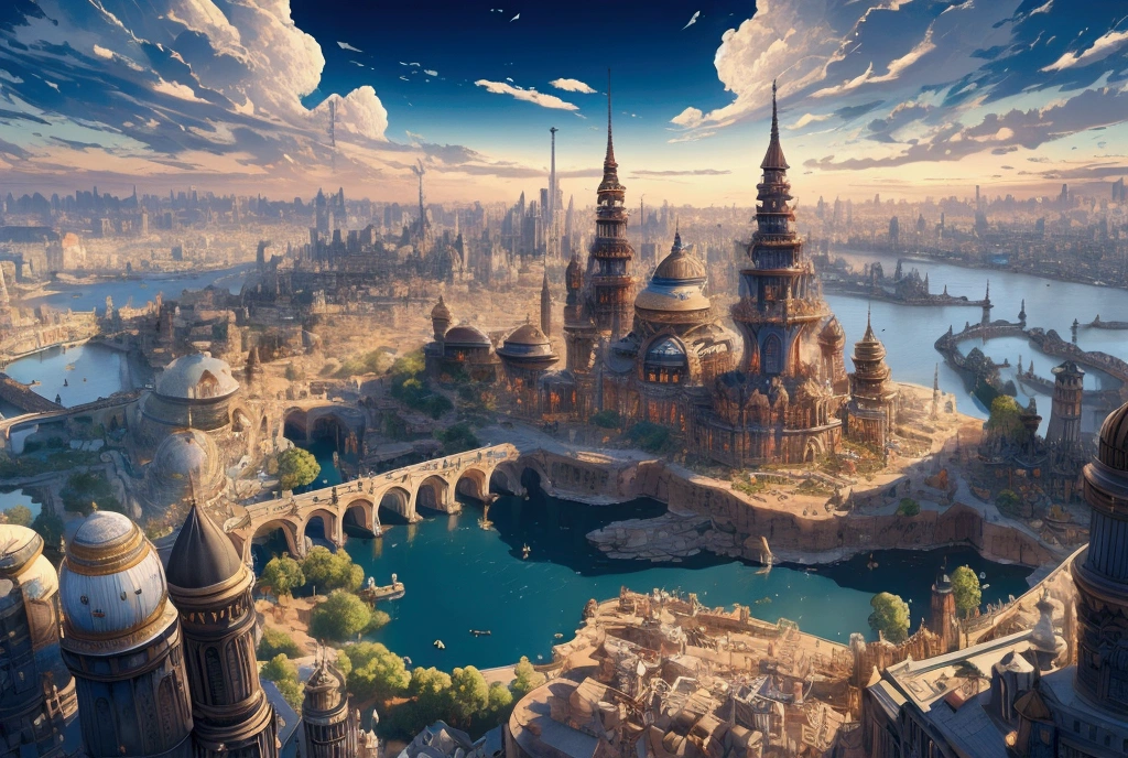 (32k, 8k, high graphics, high resolution, high details) fantasy city, panoramic view, extremely beautiful place, huge tower in the center, wonderful view, majestic blue sky with clouds