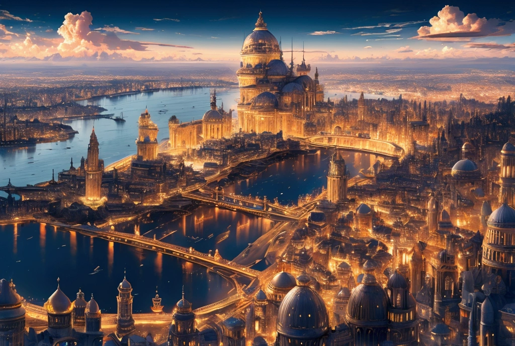 (32k, 8k, high graphics, high resolution, high details) fantasy city, panoramic view, extremely beautiful place, huge tower in the center, wonderful view, majestic blue sky with clouds