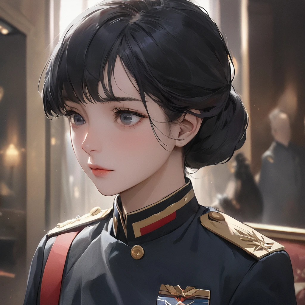 (highest resolution, distinct_Image) Best Quality, single person, A woman, Alone, masterpiece, Very detailed, semi-realist, short black hair, black fur, hits, 18 years, maduro, light blue military uniform, military uniform, interior background, gentle, authoritarian, powerful, exquisite facial features, exquisite facial features