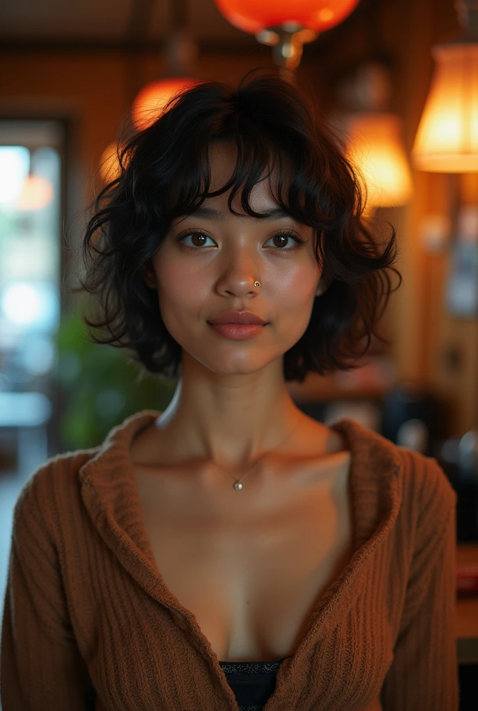 photo of, brown skin indian-japanese woman, 5'4 feet, 35 year old, short indian hair, wide shoulder, thick, wide hips, nose piercing, medium sized pouty lips, big dark brown eyes, round face , nerdy/awkward, androgynous