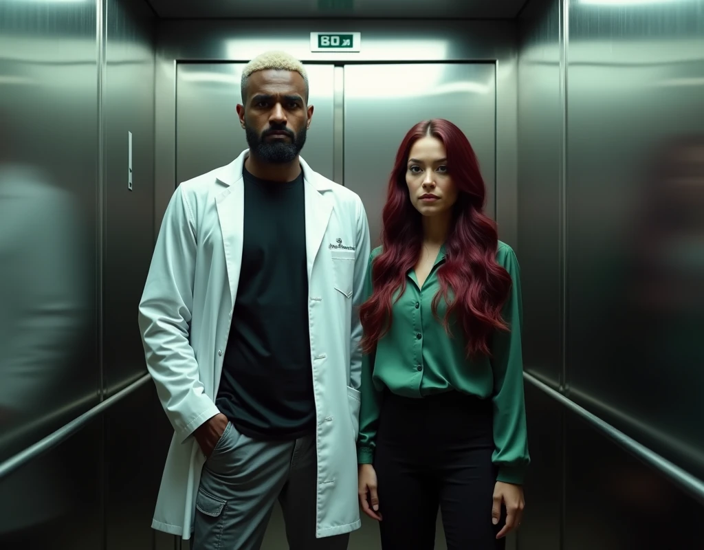 216 cm very tall Arab man, platinum blond wavy swept-back crew cut, dark skin, long black stubble, white lab coat, black t-shirt, black cargo pants, black boots, towering in elevator to the side of a short 170 cm tall Caucasian woman with wary expression, vibrant maroon side-parted long wavy hair, soft green silk blouse, low-rise black pants, black boots, both looking forward, cinematic lighting.