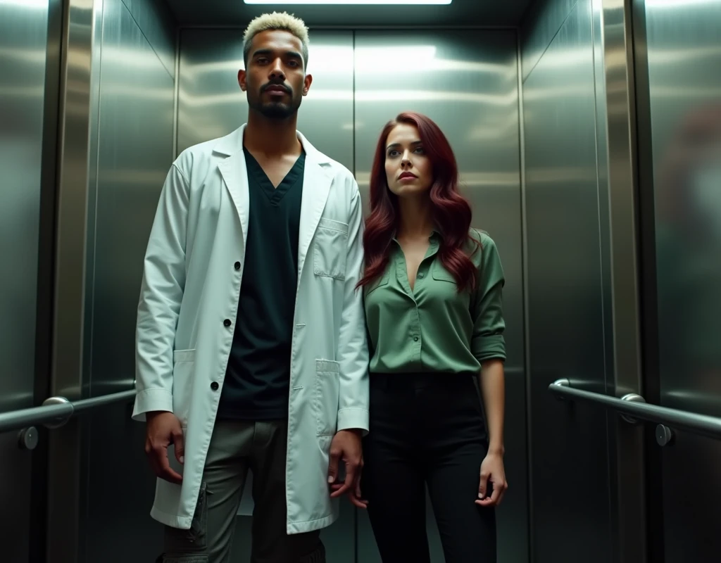 216 cm very tall Arab man, platinum blond wavy swept-back crew cut, dark skin, long black stubble, white lab coat, black t-shirt, black cargo pants, black boots, towering in elevator to the side of a short 170 cm tall Caucasian woman with wary expression, vibrant maroon side-parted long wavy hair, soft green silk blouse, low-rise black pants, black boots, both looking forward, cinematic lighting.