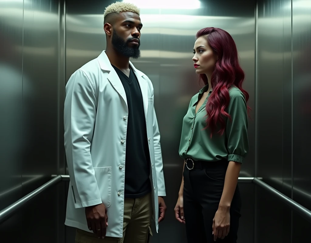 216 cm very tall Arab man, platinum blond wavy swept-back crew cut, dark skin, long black stubble, white lab coat, black t-shirt, black cargo pants, black boots, towering in elevator to the side of a short 170 cm tall Caucasian woman with wary expression, vibrant maroon side-parted long wavy hair, soft green silk blouse, low-rise black pants, black boots, both looking forward, cinematic lighting.