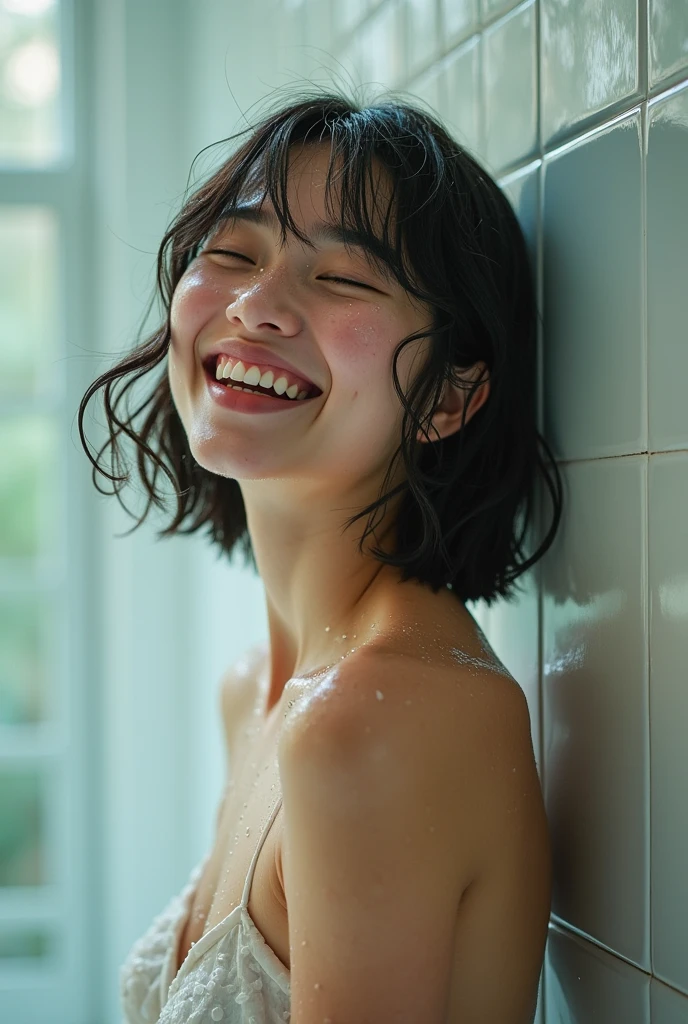 masterpiece, best quality, extremely detailed, hyperrealistic, photorealistic, a beautiful 20 years old women, naked, taking shower, ultra detailed face, bob cut, blonde hair, pale skin, big natural breasts, perky nipples, laughing