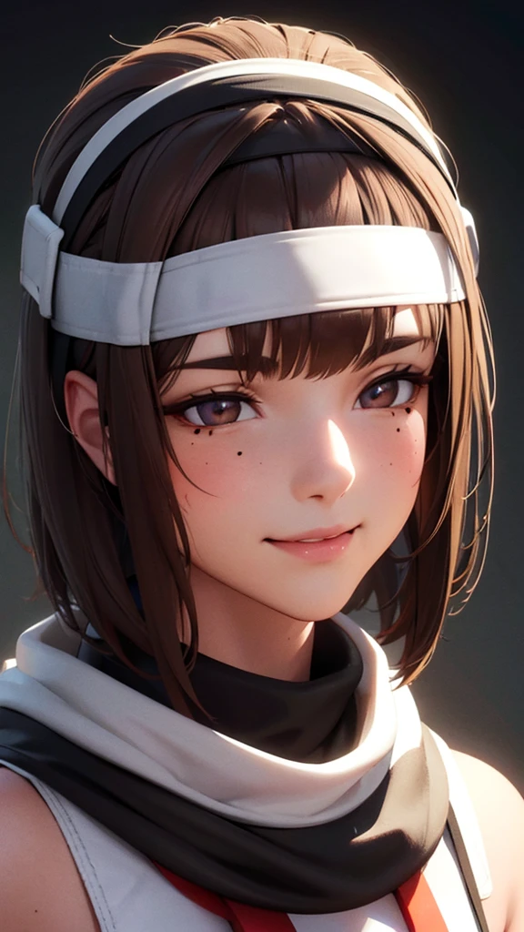 One person, Headband, Character portrait, Mole at the corner of the mouth, Textured skin, smile, Brown Hair, Hair that falls over the shoulders, 浅いBrown Hair, 3D Rendering, Overexposure, Cinematic light effects, 3D Isometric,