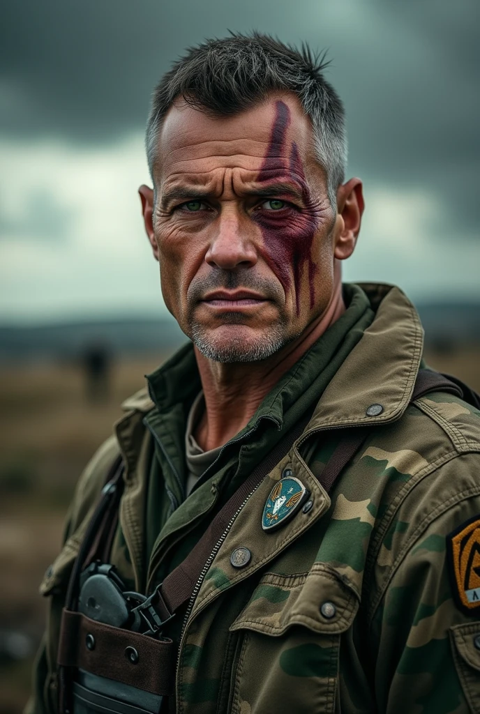 Strong Man Drawing, 40 year old, big scar on the face, Green Eye, baldie, militar, high resolution, 4K, Full HD, without an eye.