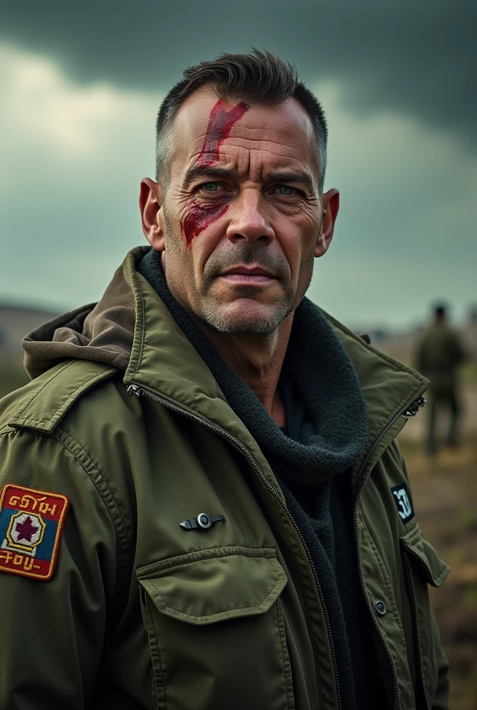 Strong Man Drawing, 40 year old, big scar on the face, Green Eye, baldie, militar, high resolution, 4K, Full HD, without an eye.