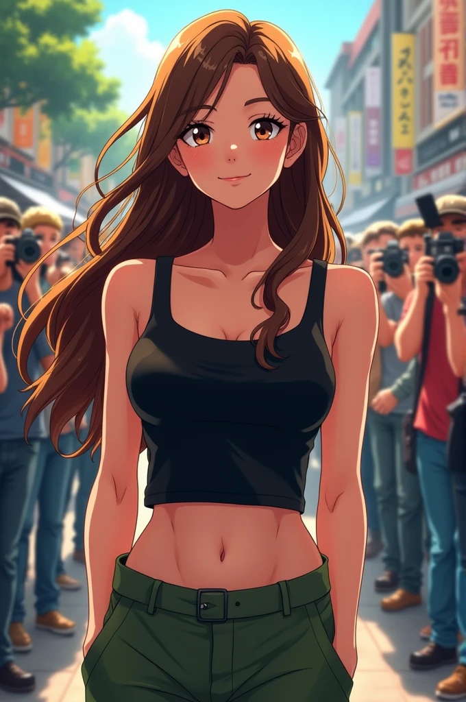 Make an anime syle drawing of an America white woman with long brown hair and fairly large breasts. She is very pretty and she is young and about 18 years old. She is wearing a small tight black tank top and green cargo pants and she is surrounded by paparazzi.