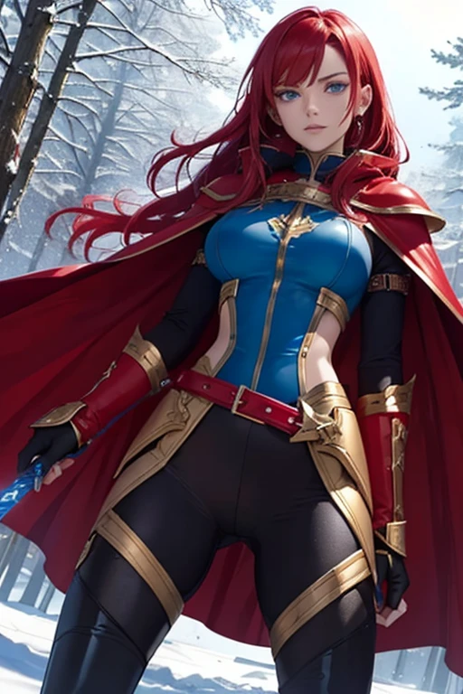 Sylara Stormblade, a tall woman with bright red hair and blue eyes, wearing elegant mithril armor with golden details, tight black leather pants with metallic segments, a sturdy belt with multiple compartments and pouches for storing items and a scabbard for her sword, knee-high leather boots, with shin and ankle reinforcement, in golden details, anime style, standing in a forest, wearing gauntlets and a red cape, in the snow, showing her whole body in an action pose.