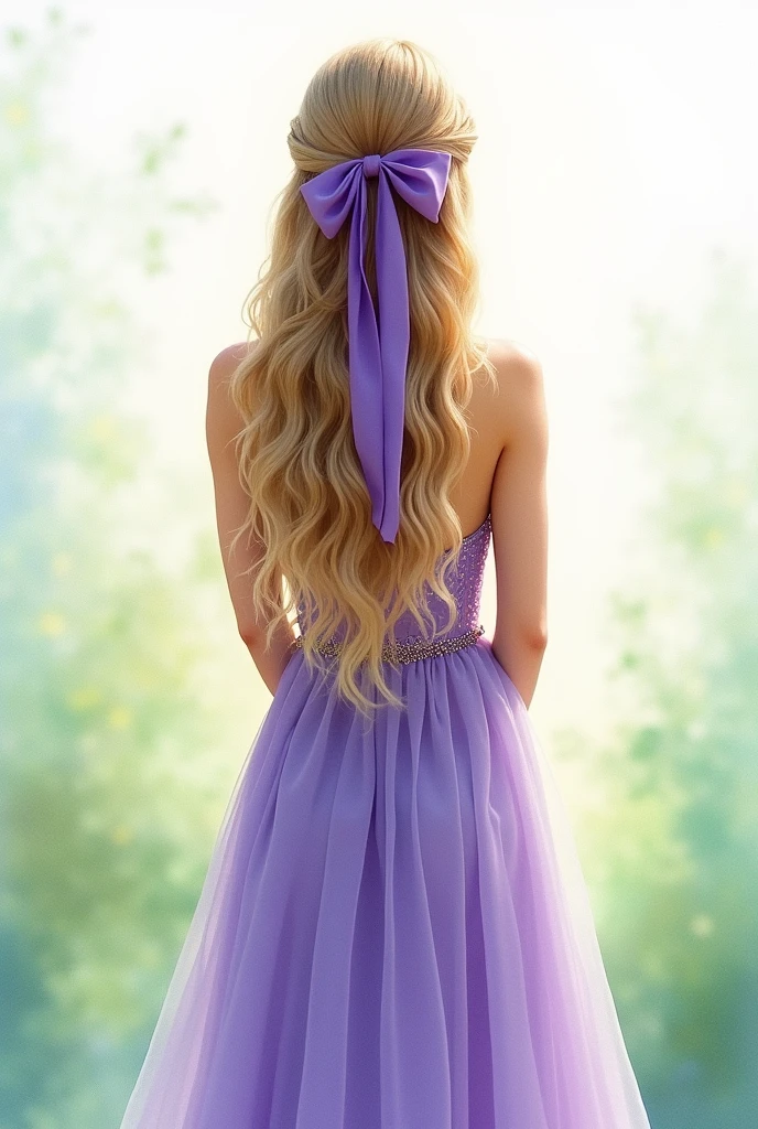 Watercolor style image of a woman with her back to the viewer, her long wavy hair down, wearing a purple dress, with her hands in her hair placing a purple ribbon in the middle of her hair. 