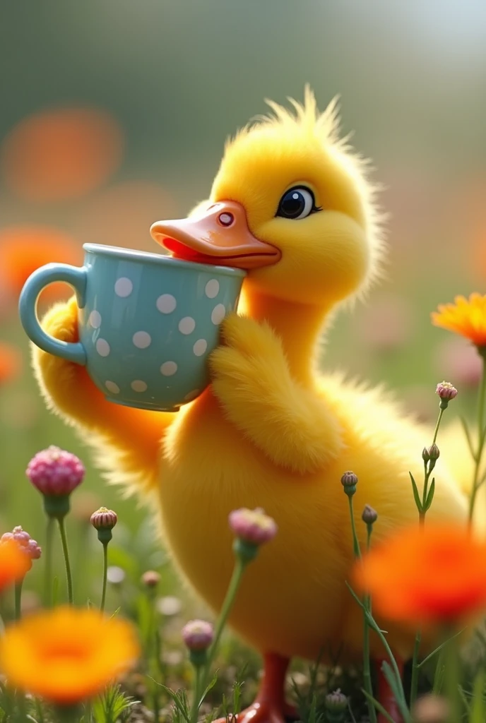 Yellow duck holding mug 