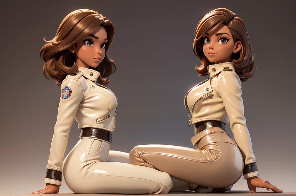obra prima, melhor qualidade, ((only one woman,)) ((ana paulina luna, dark tan skin, brown bob hair,)) erect cone tits, ((wearing shiny cream leather biker moto jacket,)) ((jacket has padded shoulders, jacket has stiff high collar,)) (((wearing shiny cream leather pants,))) (((pants unzipped showing pussy,))) body is very skinny, ((sitting back, legs spread,)) ((camera front view of body,)) shallow depth of field, highres, HD, 8k, anatomically correct