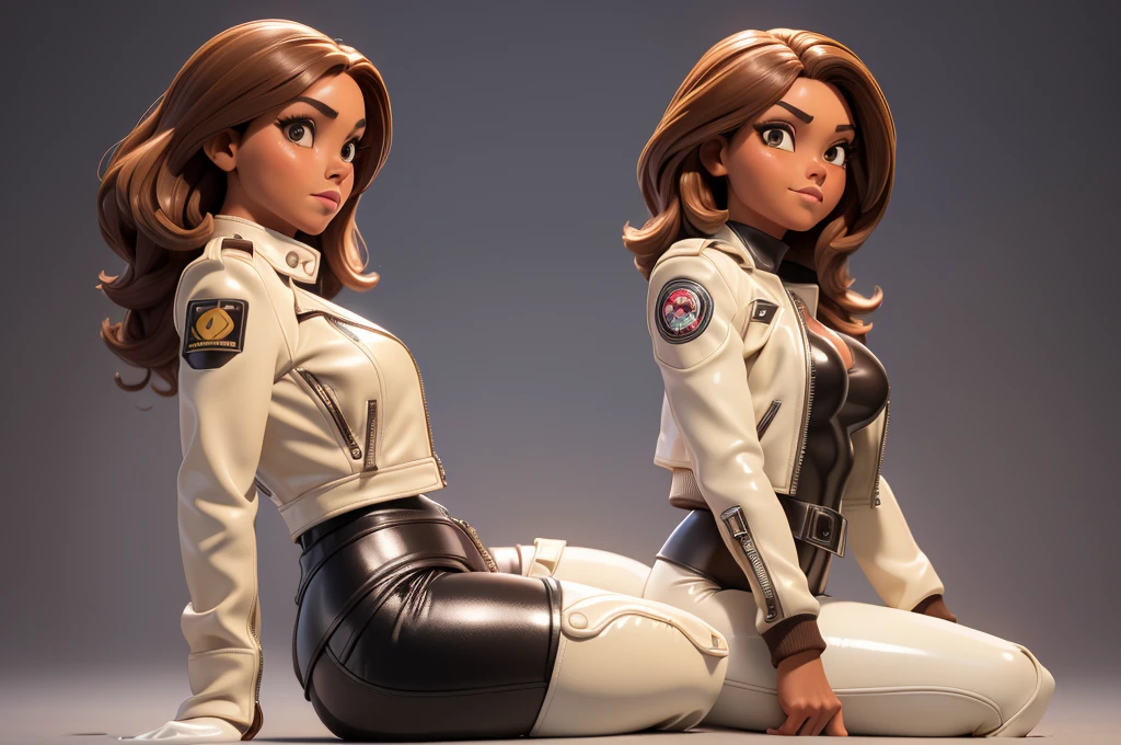 obra prima, melhor qualidade, ((only one woman,)) ((ana paulina luna, dark tan skin, brown bob hair,)) erect cone tits, ((wearing shiny cream leather biker moto jacket,)) ((jacket has padded shoulders, jacket has stiff high collar,)) (((wearing shiny cream leather pants,))) (((pants unzipped showing pussy,))) body is very skinny, ((sitting back, legs spread,)) ((camera front view of body,)) shallow depth of field, highres, HD, 8k, anatomically correct