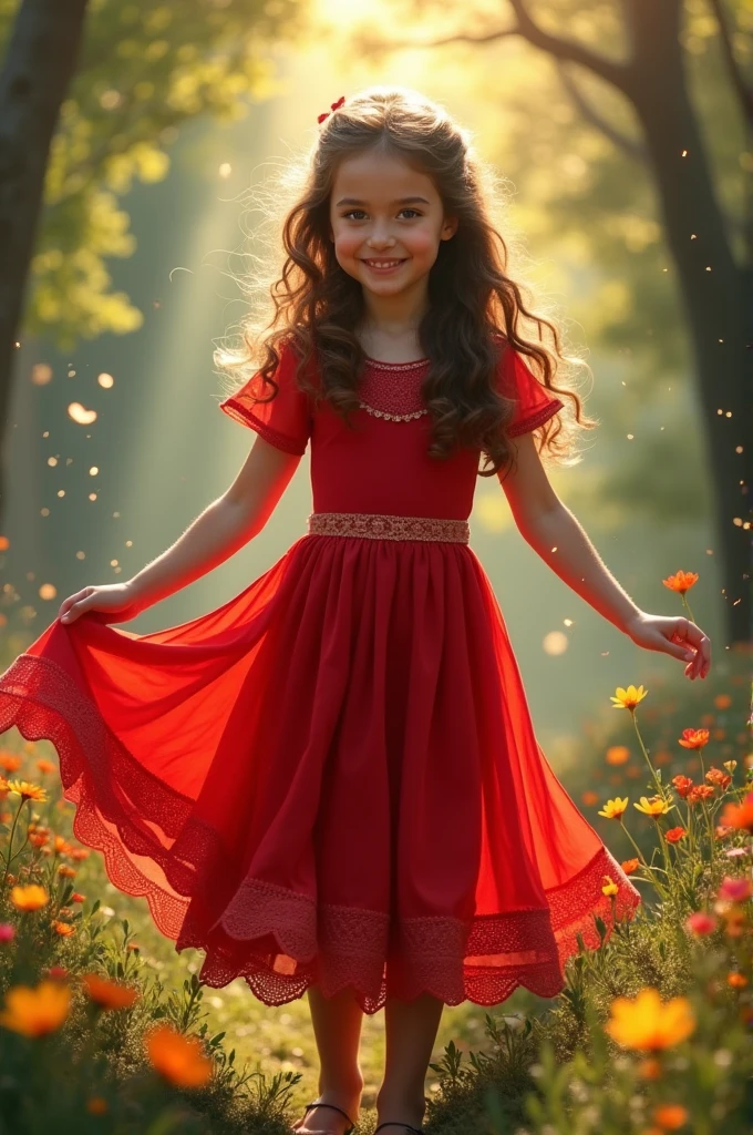 A beautiful, young, brunette girl in a red dress. Book character style