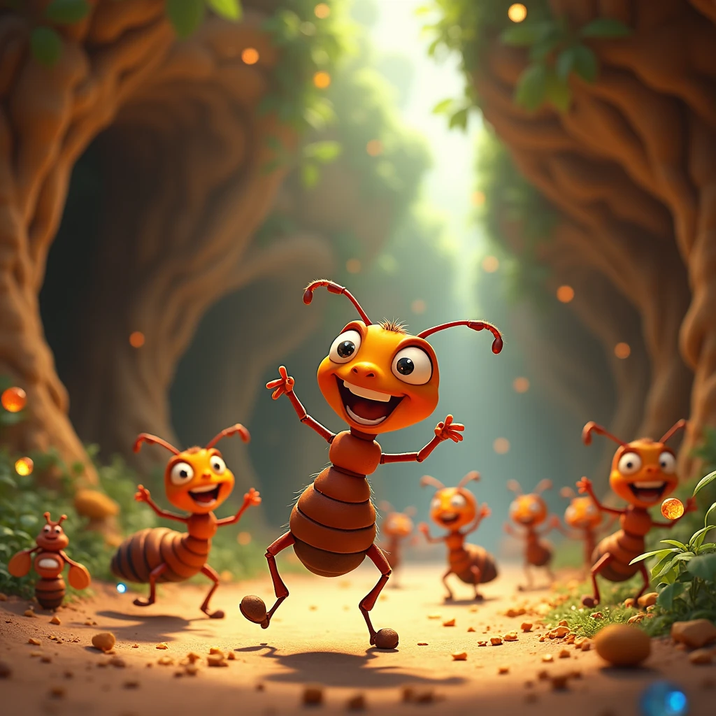 Happy ant in anthill. Old 2d disney style