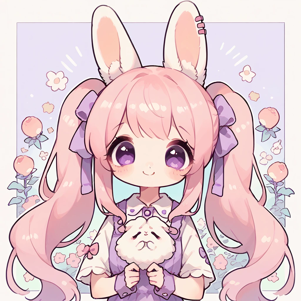 1girl, cute girl, peach hair, long hair, twintail, purple eyes, bangs, bunny ears, cute casual outfit, smile