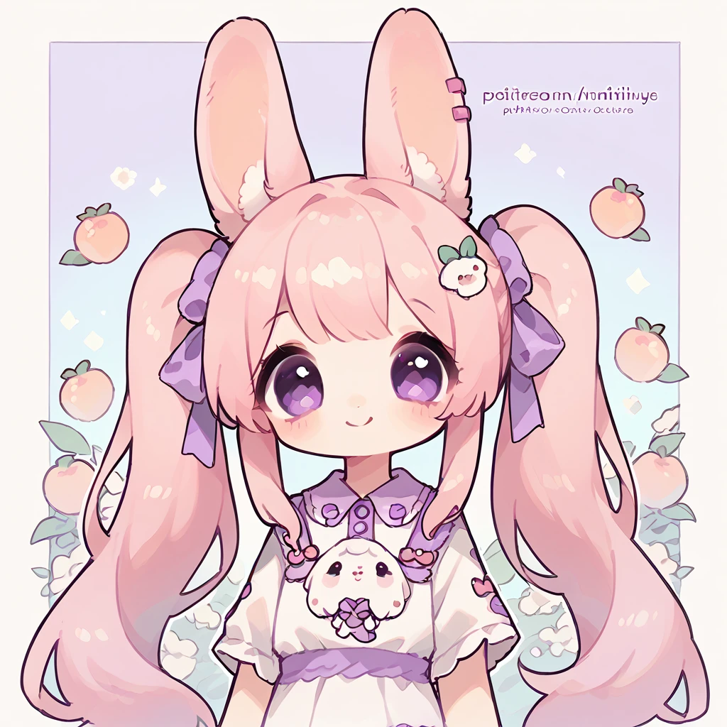 1girl, cute girl, peach hair, long hair, twintail, purple eyes, bangs, bunny ears, cute casual outfit, smile