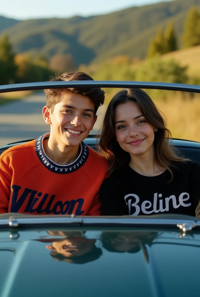 (photorealism:1.2), beautiful couple of boy wear a jumper with Wilson on his jumper seats in the car with beautiful girl wear black jumper with name Beline on her jumper