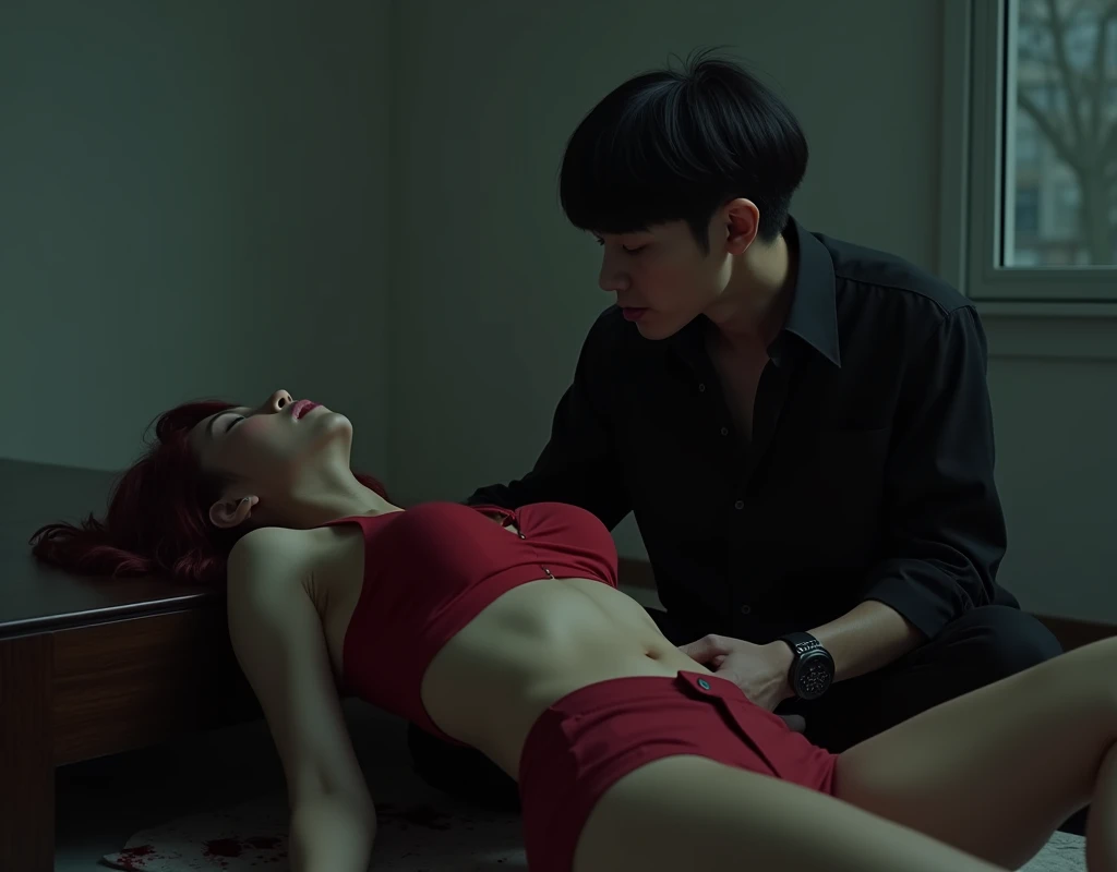 190 cm tall, 27-year-old man, black bowl cut, side-swept bangs, Chinese-Korean-Japanese features, black shirt, business vest, black pants, sitting on floor next to low dark wood table, intense expression, blood on lips and mouth, looking at 24-year-old shorter Caucasian woman with pained expression, lying supine on table with deep open wound in rib cage, vibrant maroon side-parted wavy medium-length hair, light skin, red midriff top, matching shorts, minimalistic black and grey bedroom, dark lighting, photorealistic, cinematic.