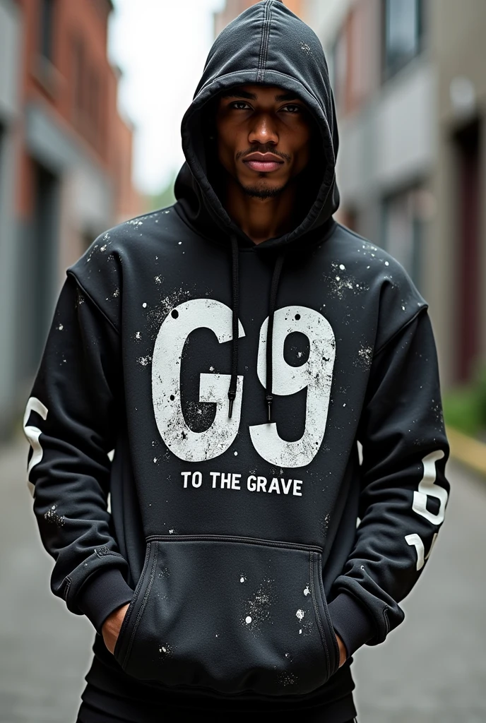 G59 to the grave t shirt and hoodie set. Black and white and gray colors with marbled texture on them 
