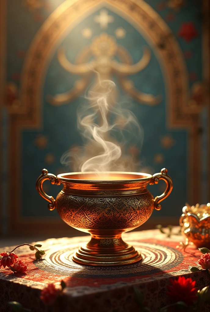 Create a digital artwork that captures the essence of Byzantine art. The piece is a cezve, a pot used for brewing traditional Turkish coffee. 